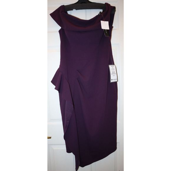 Betsy & Adam Sz 16 Mulberry Off The Shoulder Midi Crepe Side Ruched Dress $239 - Picture 1 of 10